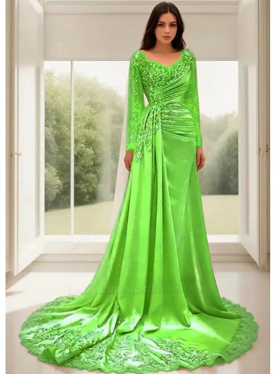 Lime Green A-Line Long Sleeves Satin Prom Dresses with Lace Appliques