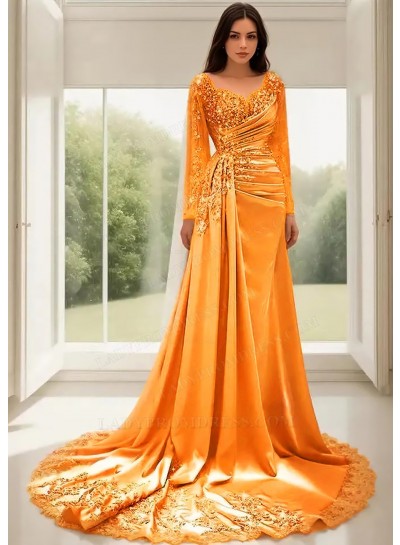 Orange A-Line Long Sleeves Satin Prom Dresses with Lace Appliques