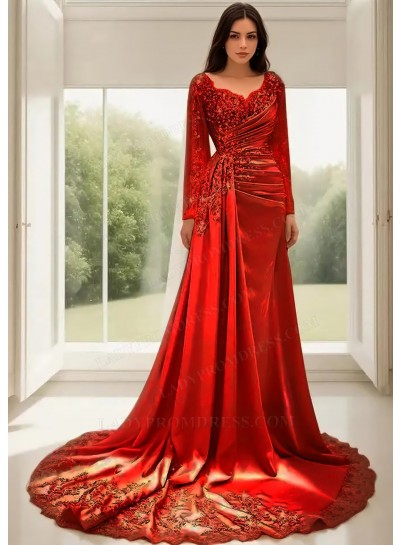 Red A-Line Long Sleeves Satin Prom Dresses with Lace Appliques
