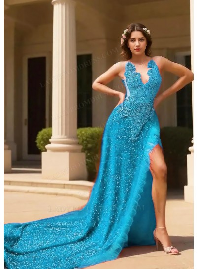 Blue Halter Sequins High Slit A-line Prom Dresses with Feathers