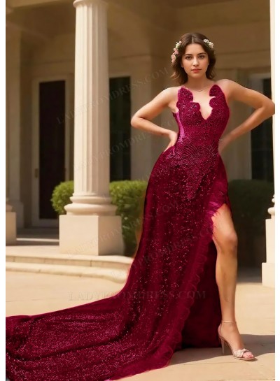 Burgundy Halter Sequins High Slit A-line Prom Dresses with Feathers