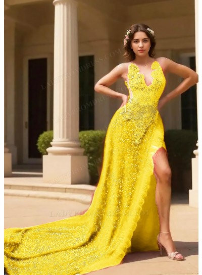 Daffodil Halter Sequins High Slit A-line Prom Dresses with Feathers