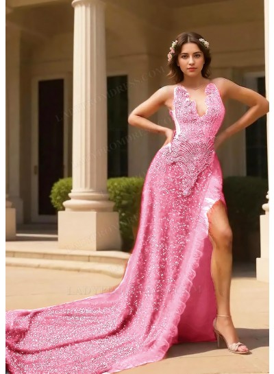 Pale Pink Halter Sequins High Slit A-line Prom Dresses with Feathers