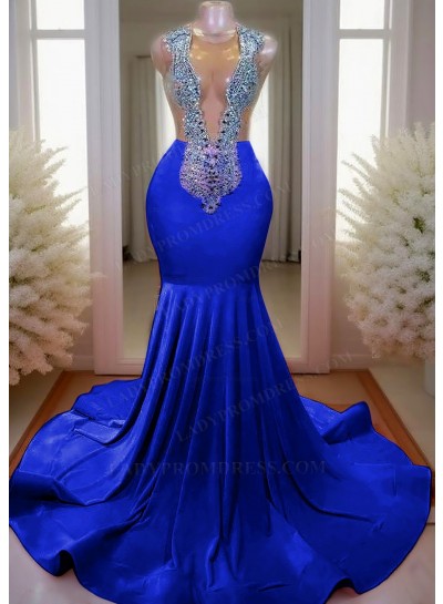 Royal Blue V-neck Mermaid Prom Dresses with Rhinestone Beaded