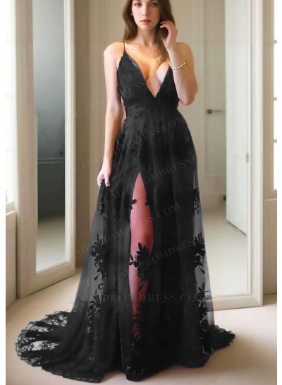 Black Spaghetti Straps Sheer Lace Prom Dresses with Appliques