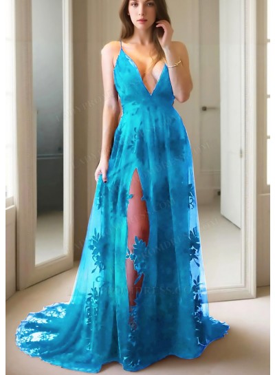 Blue Spaghetti Straps Sheer Lace Prom Dresses with Appliques