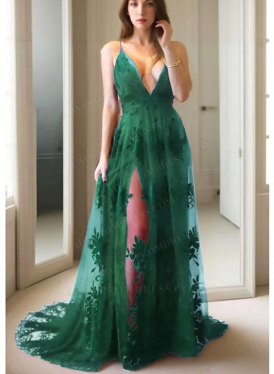 Emerald Spaghetti Straps Sheer Lace Prom Dresses with Appliques