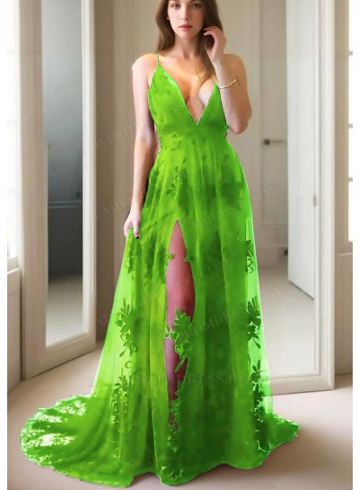 Lime Green Spaghetti Straps Sheer Lace Prom Dresses with Appliques