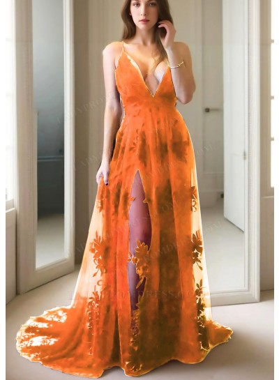 Orange Spaghetti Straps Sheer Lace Prom Dresses with Appliques