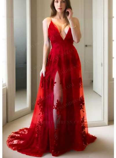Red Spaghetti Straps Sheer Lace Prom Dresses with Appliques
