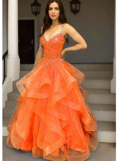 Orange Spaghetti Straps Layered Tulle Ball Gown Prom Dress with Appliques