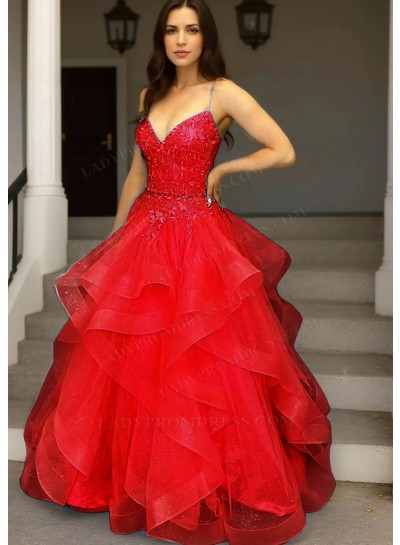 Red Spaghetti Straps Layered Tulle Ball Gown Prom Dress with Appliques