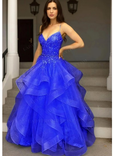 Royal Blue Spaghetti Straps Layered Tulle Ball Gown Prom Dress with Appliques