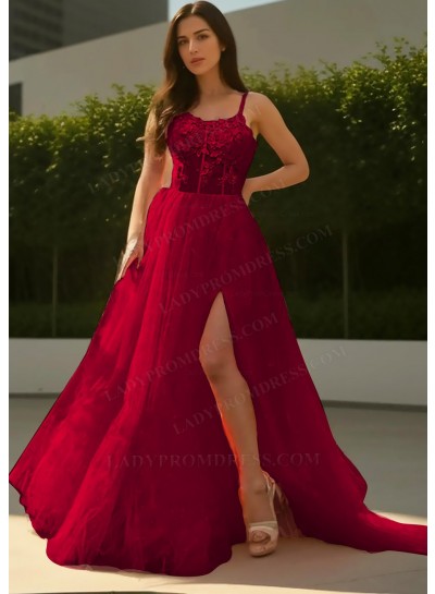 Burgundy Sheer Bodice Tulle Prom Dresses with Appliques
