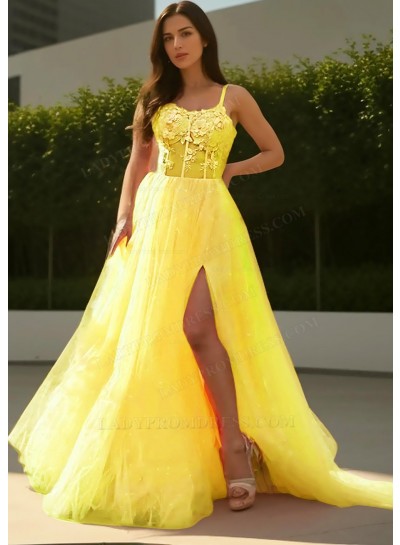 Daffodil Sheer Bodice Tulle Prom Dresses with Appliques
