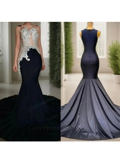 Black Satin Mermaid Prom Dresses with Beaded Appliqud