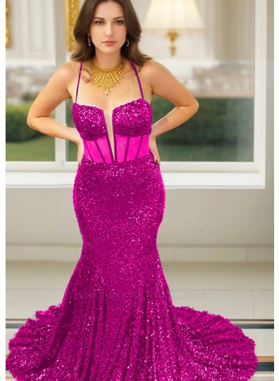 Fuchsia Spaghetti Straps Sequined Mermaid Prom Dresses with Corset Bodice