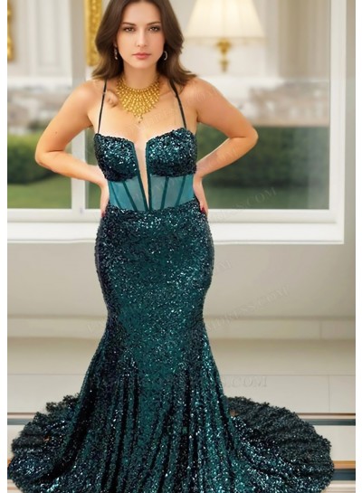 Teal Spaghetti Straps Sequined Mermaid Prom Dresses with Corset Bodice
