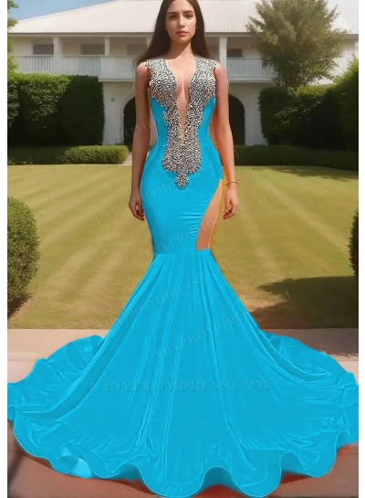 Blue V-neck Satin Hollow-out Beaded Mermaid Prom Dresses with Ruffles