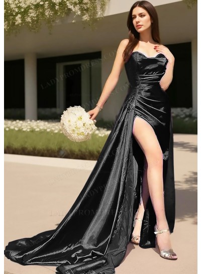 Black Strapless High Slit Satin Pleated Prom Dresses