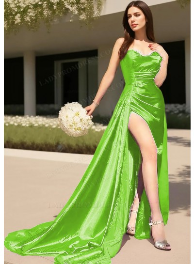 Lime Green Strapless High Slit Satin Pleated Prom Dresses