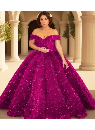 Fuchsia Sequins Ball Gown Off Shoulder Glitter Quinceanera Prom Dresses