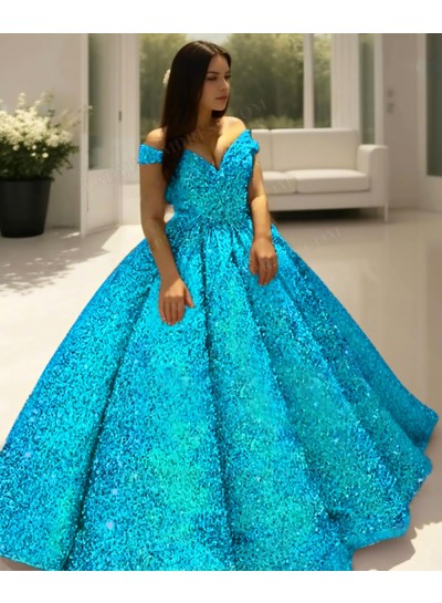 Blue Off the Shoulder Ball Gown Sequins Quinceanera Prom Dresses