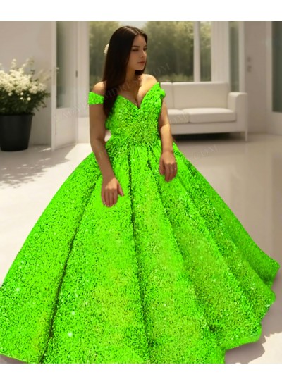 Lime Green Off the Shoulder Ball Gown Sequins Quinceanera Prom Dresses