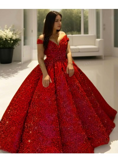 Red Off the Shoulder Ball Gown Sequins Quinceanera Prom Dresses