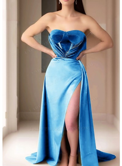 Blue Strapless Velvet Prom Dresses with High Slit