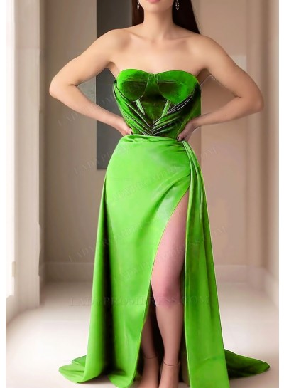 Lime Green Strapless Velvet Prom Dresses with High Slit