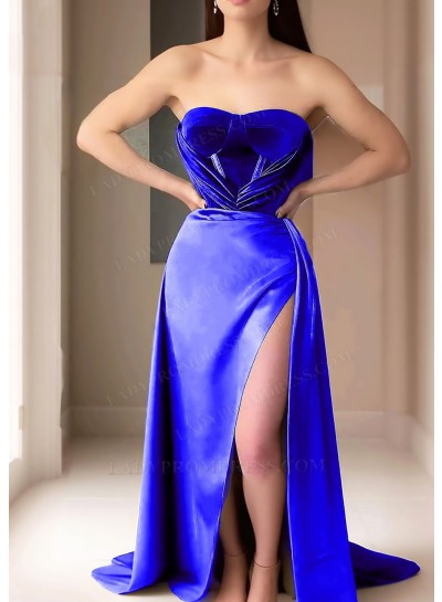 Royal Blue Strapless Velvet Prom Dresses with High Slit