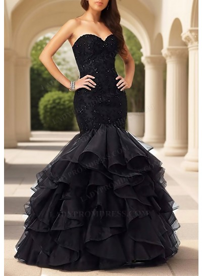 Black Sweetheart Ruffled Strapless Tulle Layered Mermaid Prom Dresses