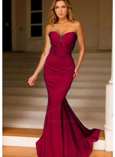 Burgundy Strapless Satin Mermaid Prom Dresses with Plunging Neckline