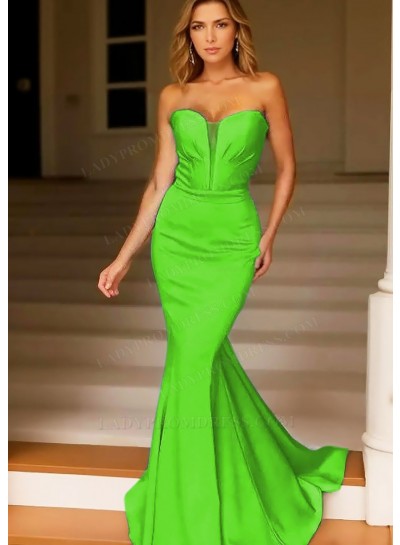 Lime Green Strapless Satin Mermaid Prom Dresses with Plunging Neckline