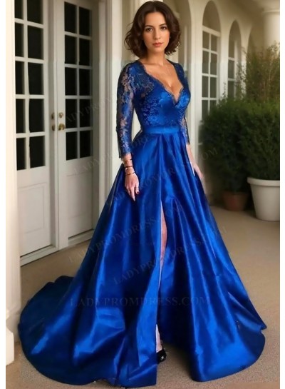 Royal Blue Long Sleeves Satin Formal Prom Dresses with Lace Appliques