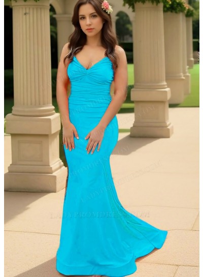 Blue Spaghetti Straps Ruched Sleeveless Satin Slim Fit Prom Dresses