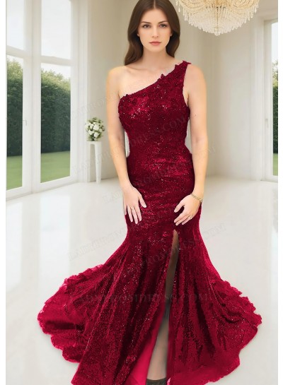 Burgundy One Shoulder Sequins Side Slit Mermaid Formal Prom Dresses