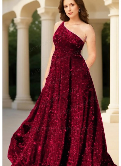 Burgundy Glitter A-line One Shoulder Sequins Formal Prom Dresses