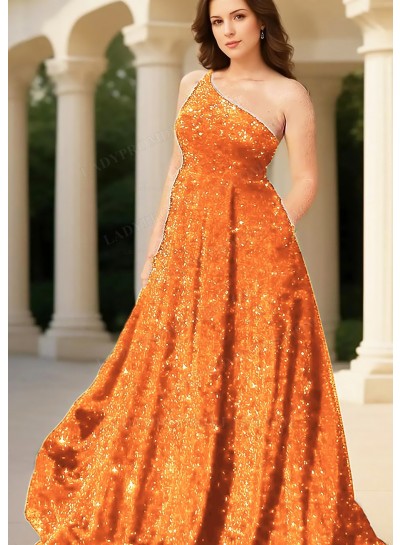 Orange Glitter A-line One Shoulder Sequins Formal Prom Dresses