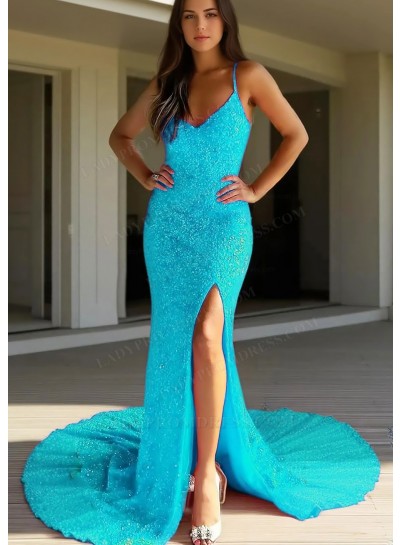 Blue Spaghetti Straps Sequins Glitter Side Slit Mermaid Prom Dresses