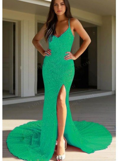 Emerald Spaghetti Straps Sequins Glitter Side Slit Mermaid Prom Dresses