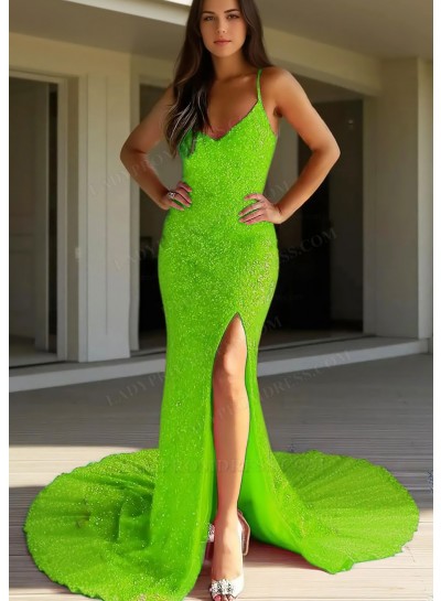 Lime Green Spaghetti Straps Sequins Glitter Side Slit Mermaid Prom Dresses