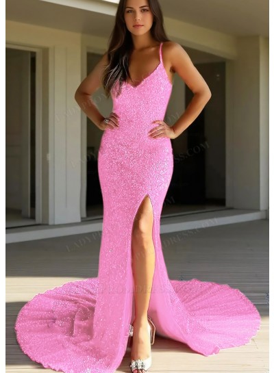 Pale Pink Spaghetti Straps Sequins Glitter Side Slit Mermaid Prom Dresses