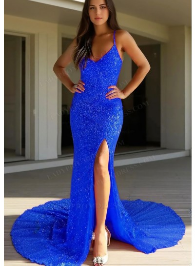 Royal Blue Spaghetti Straps Sequins Glitter Side Slit Mermaid Prom Dresses