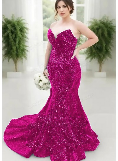 Fuchsia Strapless Sweetheart Sequins Plus Size Mermaid Prom Dresses