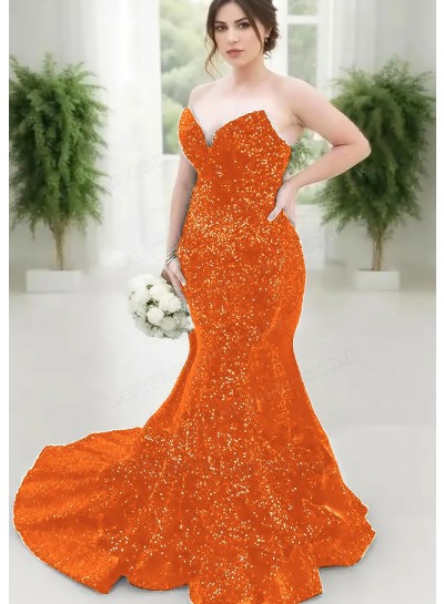 Orange Strapless Sweetheart Sequins Plus Size Mermaid Prom Dresses