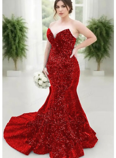 Red Strapless Sweetheart Sequins Plus Size Mermaid Prom Dresses