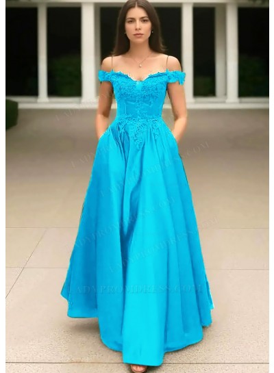 Blue Off the Shoulder Satin Ball Gown Prom Dresses with Appliques