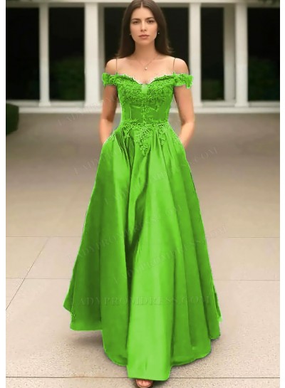 Lime Green Off the Shoulder Satin Ball Gown Prom Dresses with Appliques
